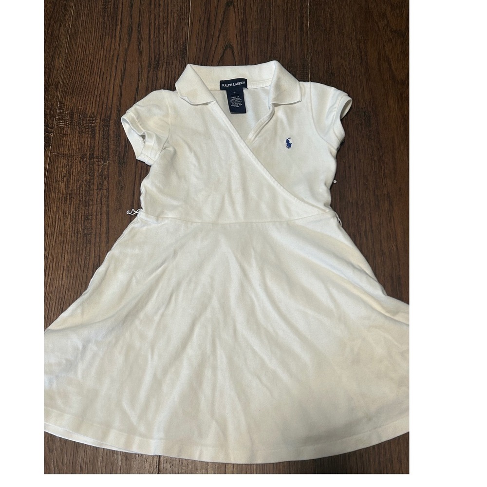 Ralph Lauren Girls White Pique Wrap Polo Dress Blue Pony Size 5
